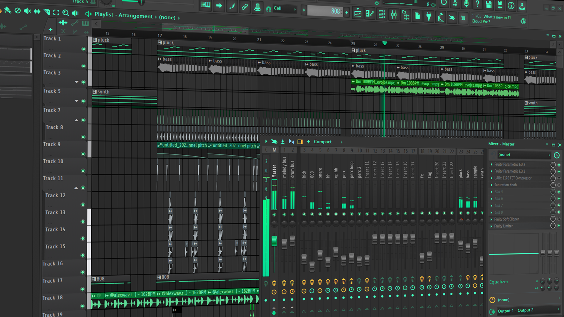 Music production software interface with multiple tracks and audio levels.